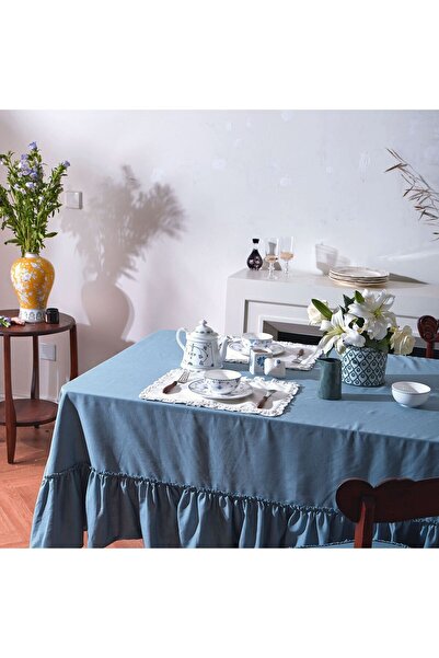 shules collection Față de masă vintage cu volane de in ALBASTRU - Buldan