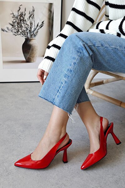 POLKA STORE Spark Rugan Kırmızı Sivri Burun Arka Açık Stiletto Abiye Topuklu Kadın Ayakkabı