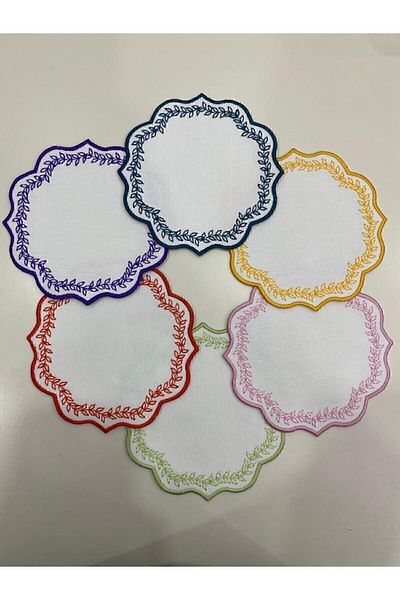 İNCİ ÇEYİZ 6 Different Colors Linen Fabric Leaf Pattern Embroidered Coffee Side Cocktail Napkin & Coasters