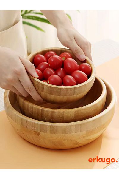 ERKUGO Bamboo 3-Piece Salad and Presentation Bowl - Decorative Nordic Bowl