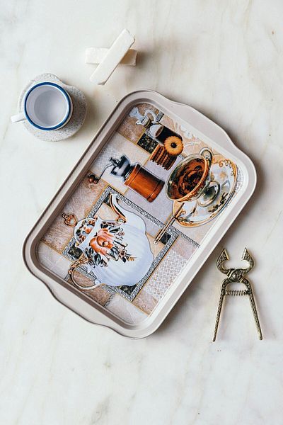 Arma House Small Size Classic Tea Time Themed Medium Size Decorative Metal Tray 25 cm