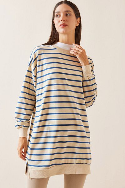 XHAN Blue Crew Neck Striped Sweatshirt 5Yxk8-48917-12