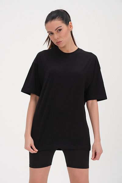 THE RULE Tricou negru, supradimensionat, 100% bumbac, cu croială largă, cu textura moale, de bază, cu decolteu