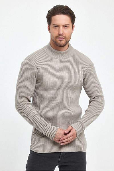 THE RULE Men's Mink Half Turtleneck Ribbed Patterned Non-Pilling Regular Fit Knitwear Sweater