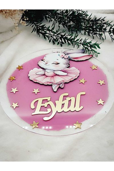 Elzem Ahşap Plexiglass Kids Room Door Ornament with Rabbit Figure
