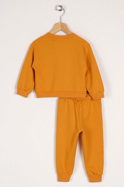 zepkids Crew Neck Long Sleeve Animal Person Printed Mustard Color Boy's Tracksuit Set