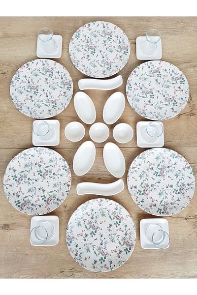Keramika Flowers Matte White Breakfast Set 27 Pieces for 6 People
