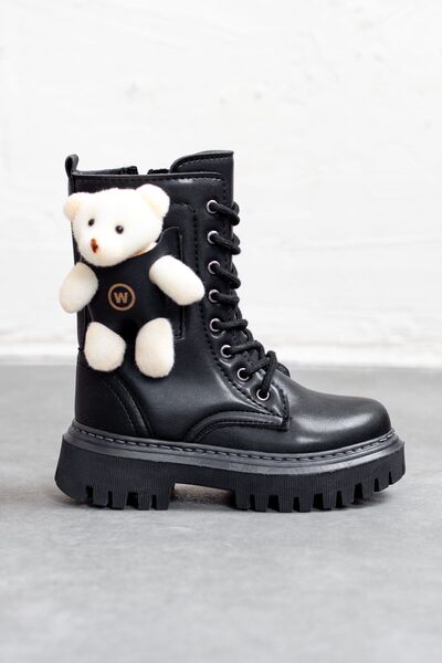 DRY WOOD Ayıcıklı Soğuk Geçirmez Kaymaz Taban Kız Çocuk Bot, Fermuarlı Kız Çocuk Siyah Bot, Siyah Çocuk Bot