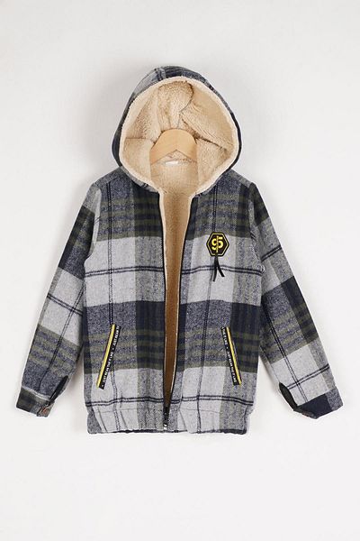 zepkids Hooded Long Sleeve Pocketed Life Of The Future Strong Text Embroidered Zipper Detailed Lumberjack Shirt Khaki gr