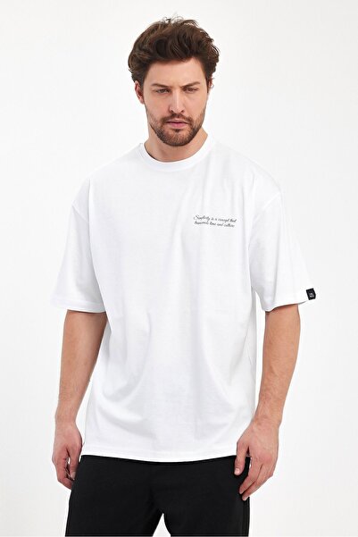 THE RULE Ανδρικό μπλουζάκι με στάμπα Simplicity Oversize 100% βαμβακερό φαρδύ φαρδύ λαιμόκοψη φαρδύ λευκό μπλουζάκι