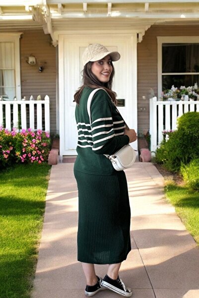 Entropy Yatay Çizgili Fileli Triko  Takım  - Yeşil