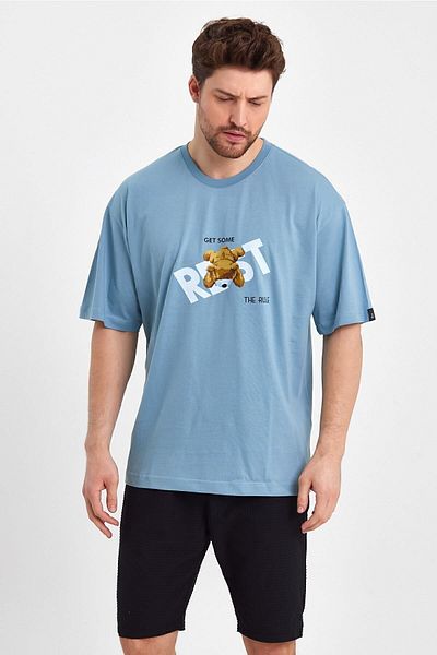 THE RULE Ανδρικό Teddy Bear με στάμπα Oversize 100% βαμβακερό φαρδύ φαρδύ λαιμόκοψη με απαλή υφή μπλε μπλουζάκι