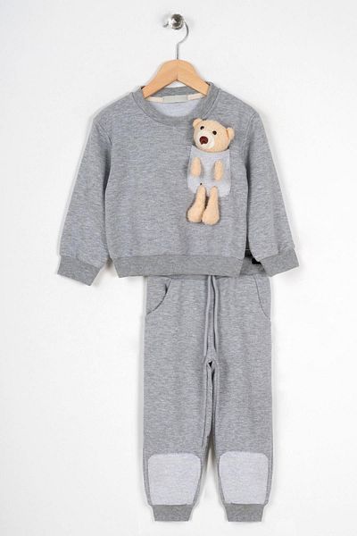 zepkids Crew Neck Long Sleeve Teddy Bear Gray Melange Color Boys' Tracksuit Set