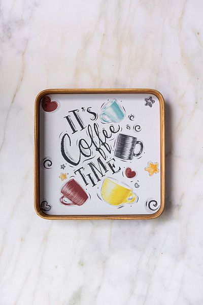 Arma House Coffee Time Patterned Decorative Wooden Edged Metal Presentation Tray 25x25 Cm