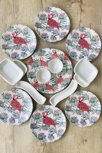 GULHANILE Keramika 15 Piece Flamingo Breakfast Set for 6 People