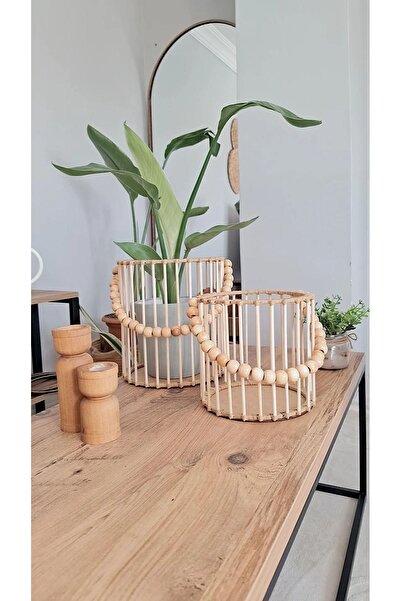 Genel Markalar El Emeği Doğal 2'li Bambu Sepet Fener Mumluk, şık ve doğal dek...