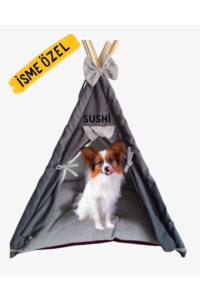 Mavi Vitrin İsme Özel Yıkanabilir Soft Kedi Ve Köpek Çadırı 60x60