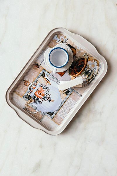 Arma House Small Size Classic Tea Time Themed Small Size Decorative Metal Tray 25 cm