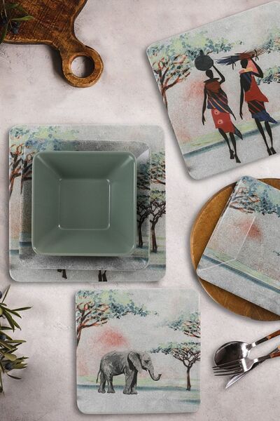 Keramika Afrikalı Kadınlar Yeşil Kare Yemek Takımı 24 Parça 6 Kişilik