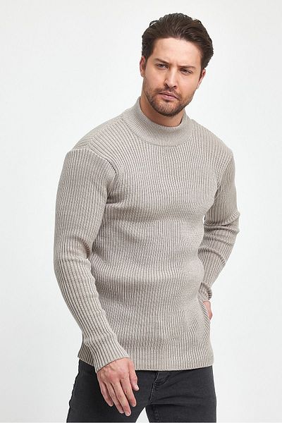 THE RULE Men's Mink Half Turtleneck Ribbed Patterned Non-Pilling Regular Fit Knitwear Sweater