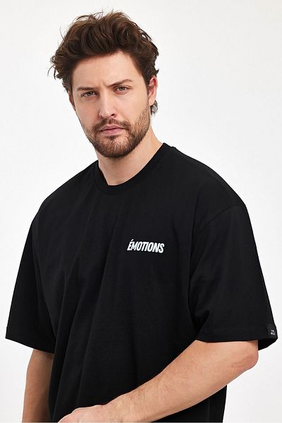THE RULE Ανδρικό μπλουζάκι με στάμπα στην πλάτη Oversize 100% βαμβακερό φαρδύ φαρδύ κομμένο λαιμόκοψη φαρδύ μαύρο μπλουζάκι