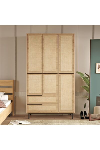 Yurudesign Ocean Gardırop 3 Kapı 2 Çekmece Metal Ayaklı Uv Baskı 196cm Sepet-jüt On15-su