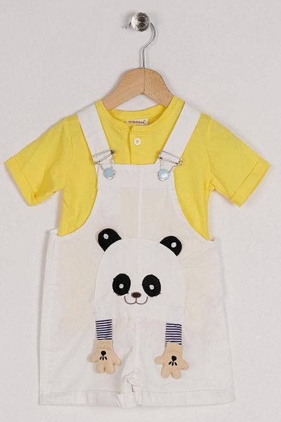 zepkids Crew Neck Short Sleeve Panda Figured Inner T-Shirt White Color Boy's Shorts Salopet