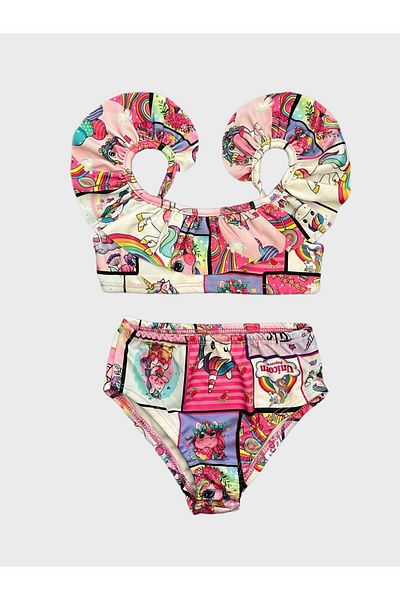 ALİŞ KİDS Pink Unicorn Patterned High Waist Ruffled Girl's Bikini Set