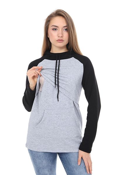 Luvmabelly Myra4524 Черно-сив суитшърт за кърмене с качулка и джобове