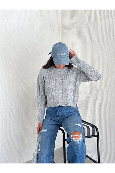 mekabutik Pulover crop gri cu detaliu rupt