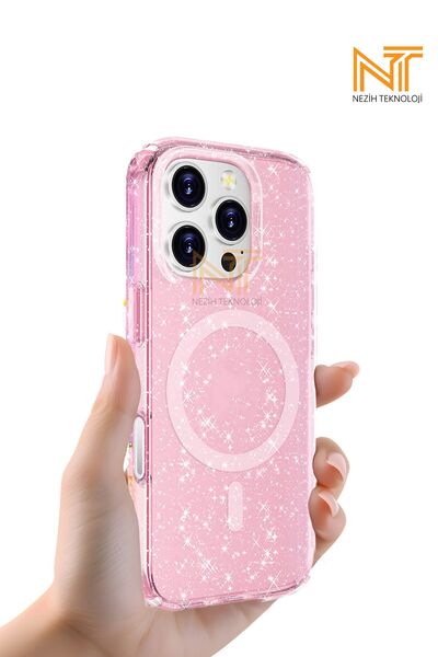 Nezih Case Apple iPhone 16 Pro Magsafe Şarj Özellikli Parlayan Simli Saydam R...