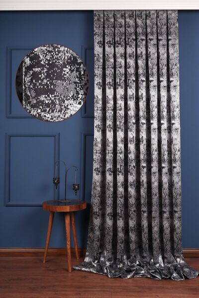 Perdelit Siyah - Gri - Gümüş Jakar Dokuma Fon Perde Tek Kanat 1 Adet (1/3 Sık...