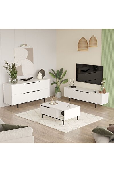 Yurudesign Ocean Tv Ünitesi Orta Sehpa Konsol 3'lü Set Beyaz On20-w