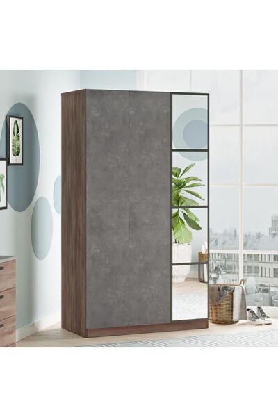 Yurudesign New Home 3 Kapaklı Çekmeceli Aynalı Gardırop Elbise Dolabı Beton-k...