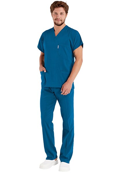 Alsancak Üniforma Erkek Petrol Yeşili Likralı Ince Kumaş Scrubs Doktor Hemşire Forması Yarasa Kol Cerrahi Takım