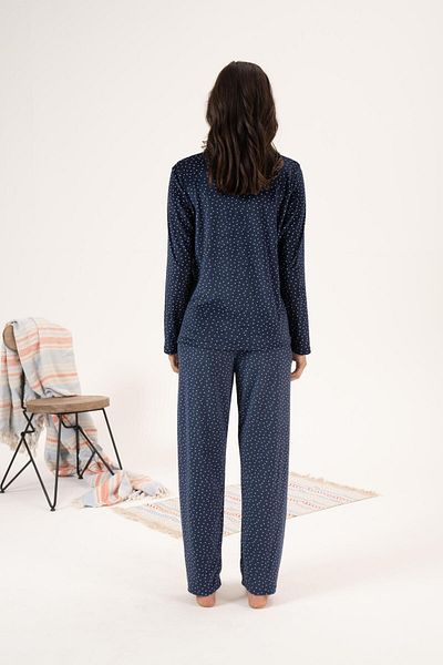 Estiva Navy Blue Velvet Winter Pajama Set - Polka Dot and Buttoned Front