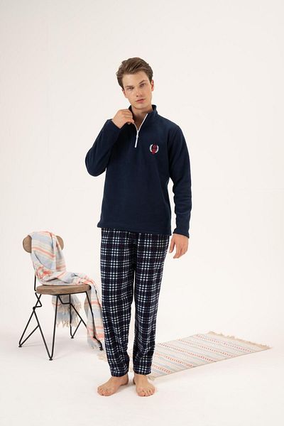 Estiva Men's Winter Zippered Collar Checkered Bottom Fleece Pajama Set Navy Blue