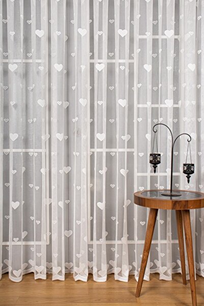 Perdelit Çocuk Odası Kalp Desenli Örme Tül Perde (1/3 Sık Pile)