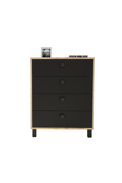 Yurudesign Vilamo Şifonyer Ahşap Ayak, 4Çekmece, Çam-Siyah Vl80-238