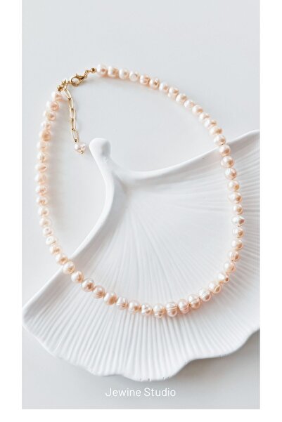 jewine studio Sertifikalı Gerçek Somon Renk Tatlı Su Barok İnci Kolye