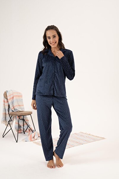 Estiva Σετ χειμερινής πιτζάμα με βελούδο Navy Blue - Πουά και κουμπιά μπροστά