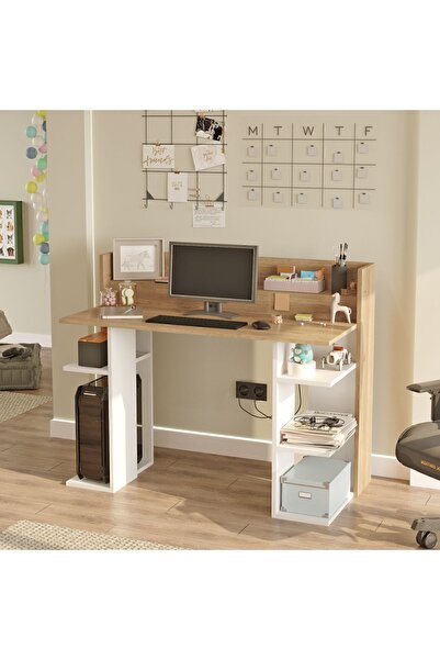 Yurudesign Vader Çalışma Masası Bilgisayar Masası Raflı Sepet-Beyaz VR1-SW