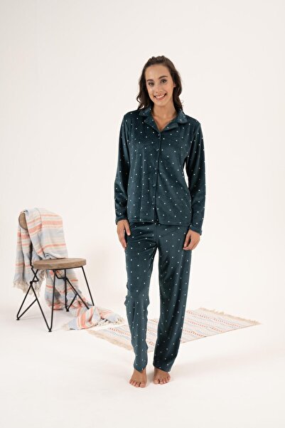 Estiva Σετ χειμερινής πιτζάμα με βελούδινα πουά - Κουμπιά μπροστά, χρώμα πετρέλαιο