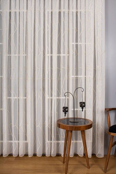 Perdelit Ekru - Altın Simli Nakış Işlemeli Tül Perde (1/2.5 Normal Pile)