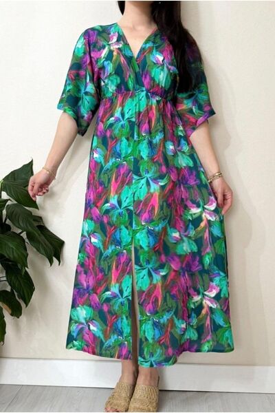 EGELİMODA فستان فيسكوز بياقة مزدوجة الصدر وطبعة زهور