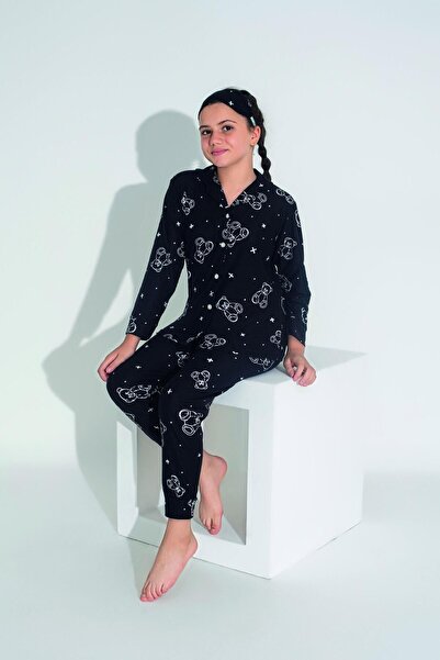 Estiva Σετ πιτζάμες για κορίτσια από σουέτ - Μοτίβο αρκουδάκι, κουμπιά στο μπροστινό μέρος