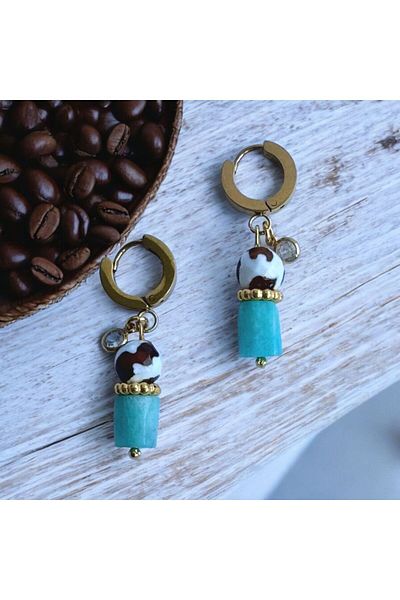 jewine studio Special Design Steel Earrings with Blue Zircon and Agate Stone and Amazonite Detail