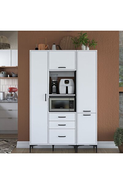Rani Mobilya Rani JE118 Çok Amaçlı Dolap 4 Kapaklı 3 Çekmeceli Kiler Mutfak Dolabı Beyaz