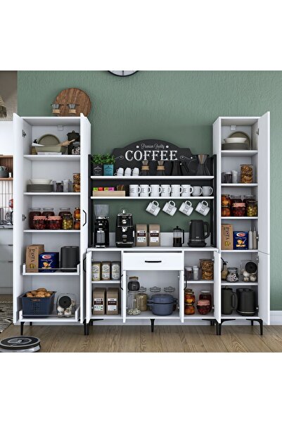 Rani Mobilya Rani Je150 Kahve Köşesi Çok Amaçlı Dolap 8 Kapaklı 1 Çekmeceli Kiler Mutfak Dolabı Beyaz