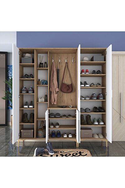 Rani Mobilya Rani Ea131 Portmanto Aynalı Raflı Ayakkabılık Vestiyer Sepet Ceviz - Beyaz